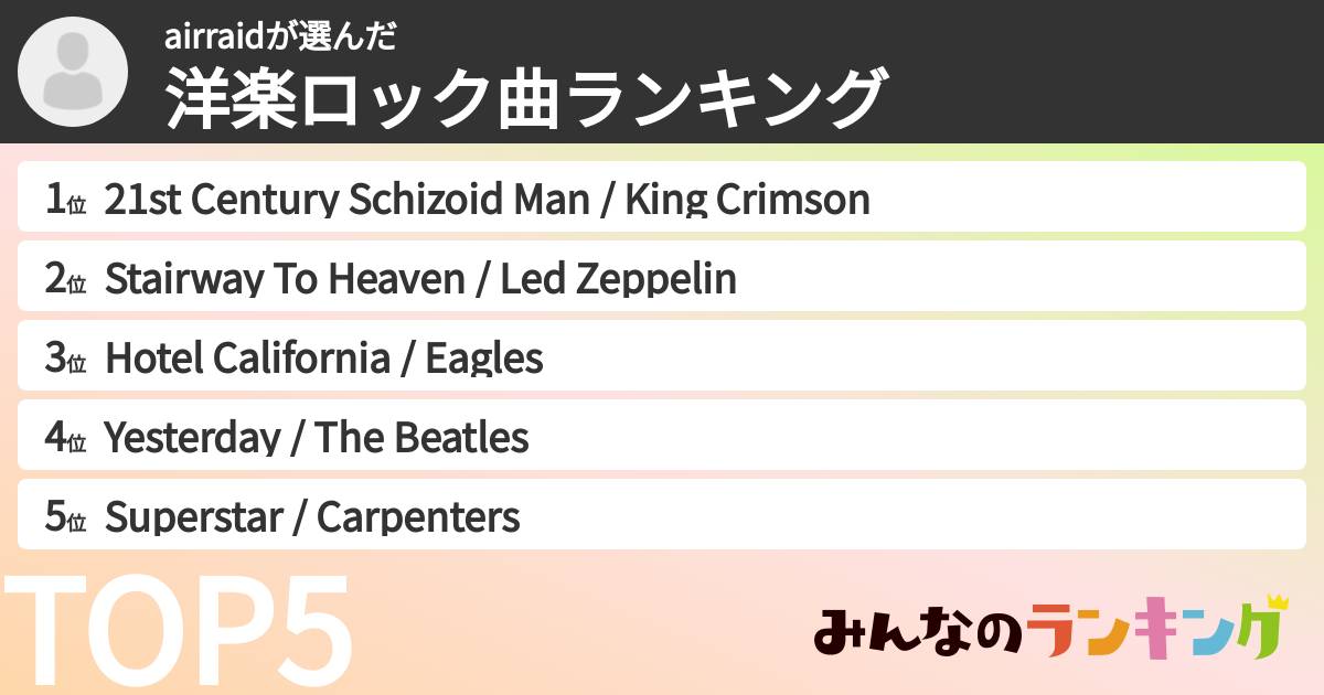 airraidさんの「洋楽ロック曲ランキング」