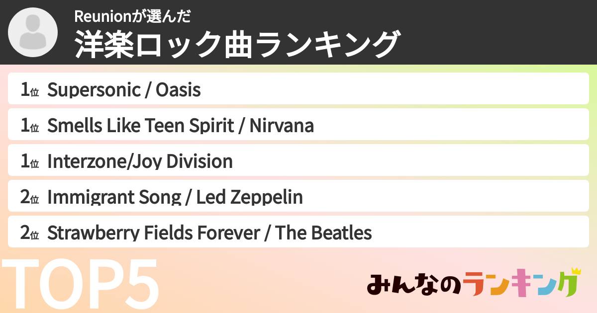 Reunionさんの「洋楽ロック曲ランキング」