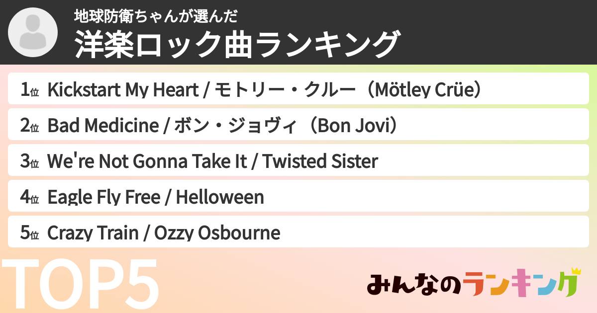 地球防衛ちゃんさんの「洋楽ロック曲ランキング」