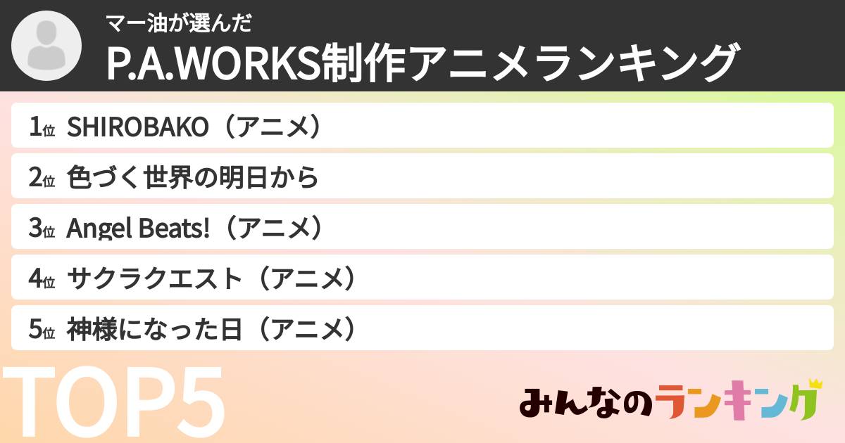 マー油さんの「P.A.WORKS制作アニメランキング」