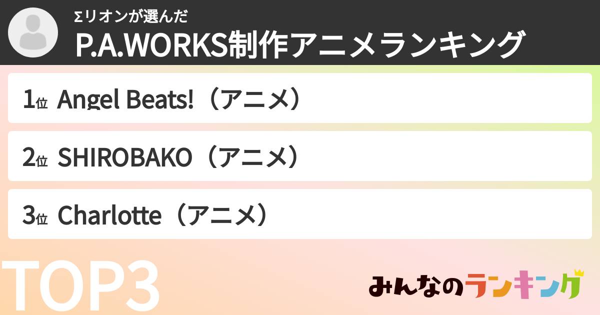 Σリオンさんの「P.A.WORKS制作アニメランキング」