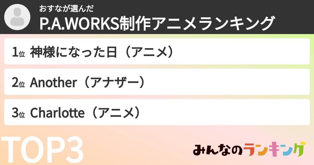 おすなさんの「P.A.WORKS制作アニメランキング」