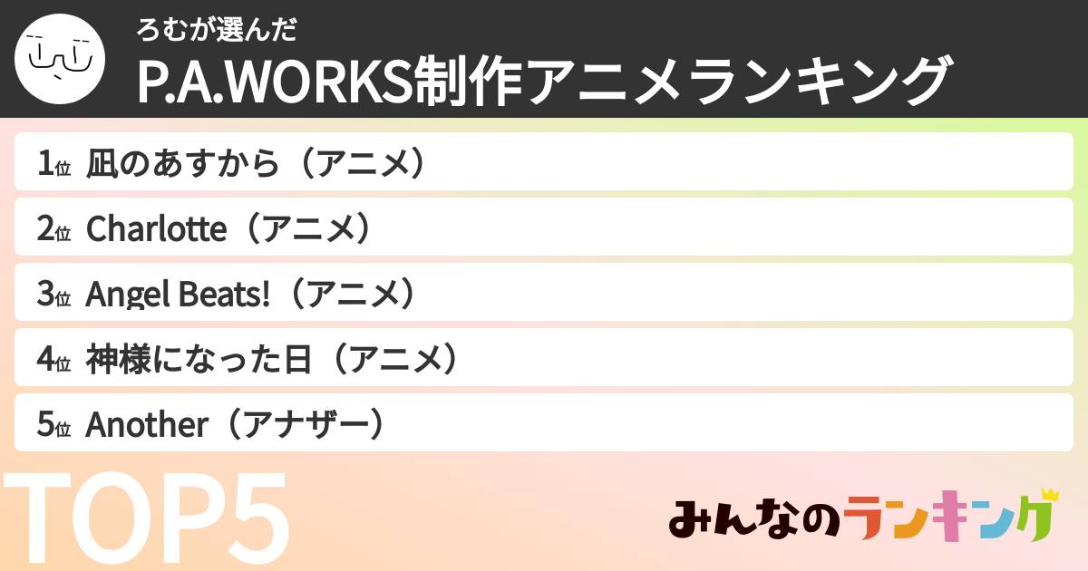 ろむさんの「P.A.WORKS制作アニメランキング」
