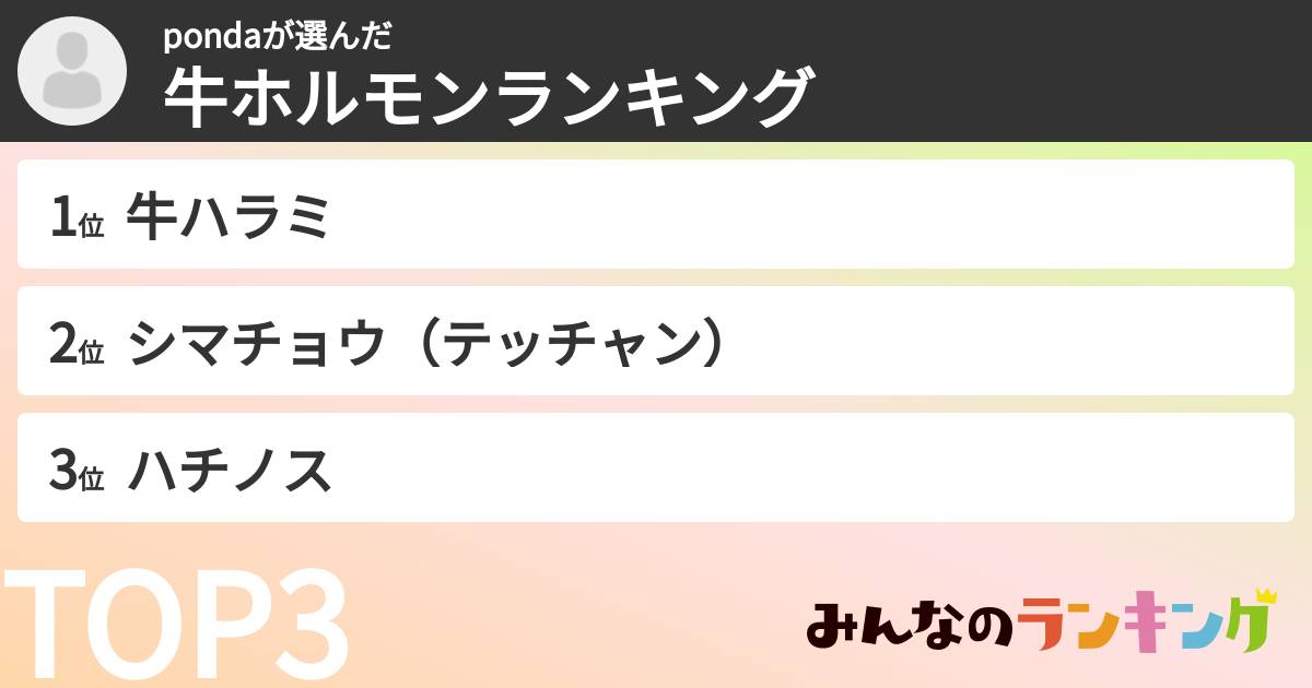 pondaさんの「牛ホルモンランキング」