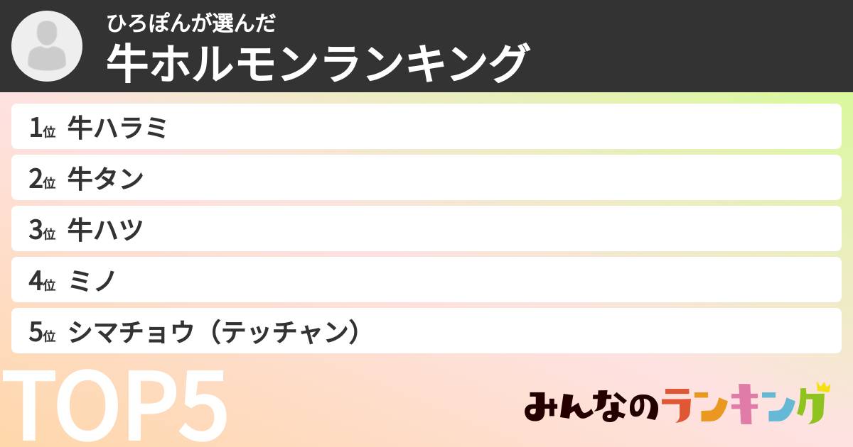 ひろぽんさんの「牛ホルモンランキング」