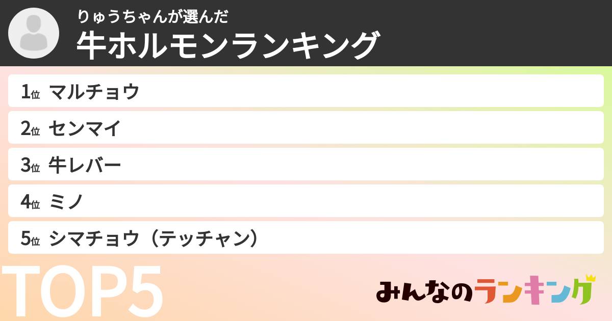 りゅうちゃんさんの「牛ホルモンランキング」