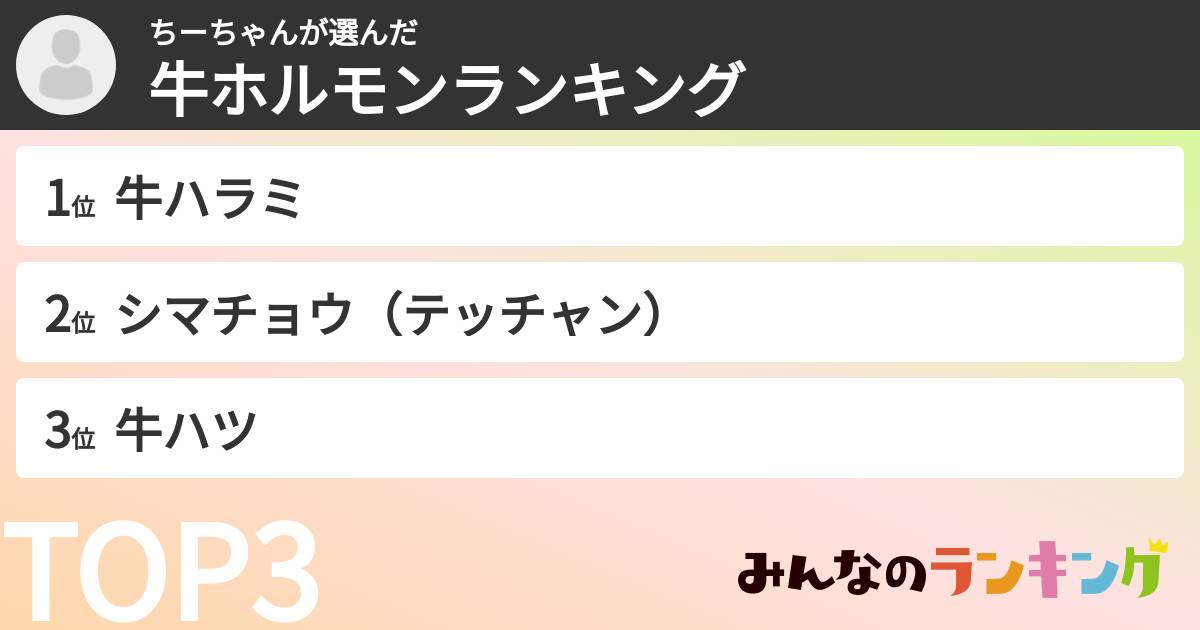 ちーちゃんさんの「牛ホルモンランキング」