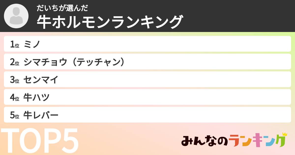 だいちさんの「牛ホルモンランキング」