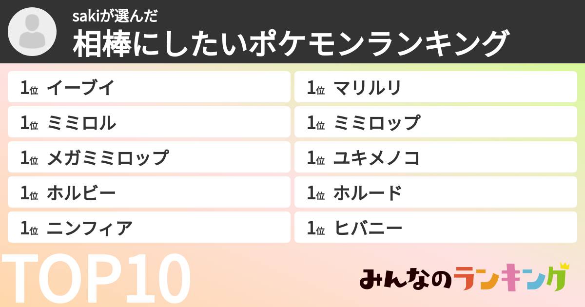 sakiさんの「相棒にしたいポケモンランキング」