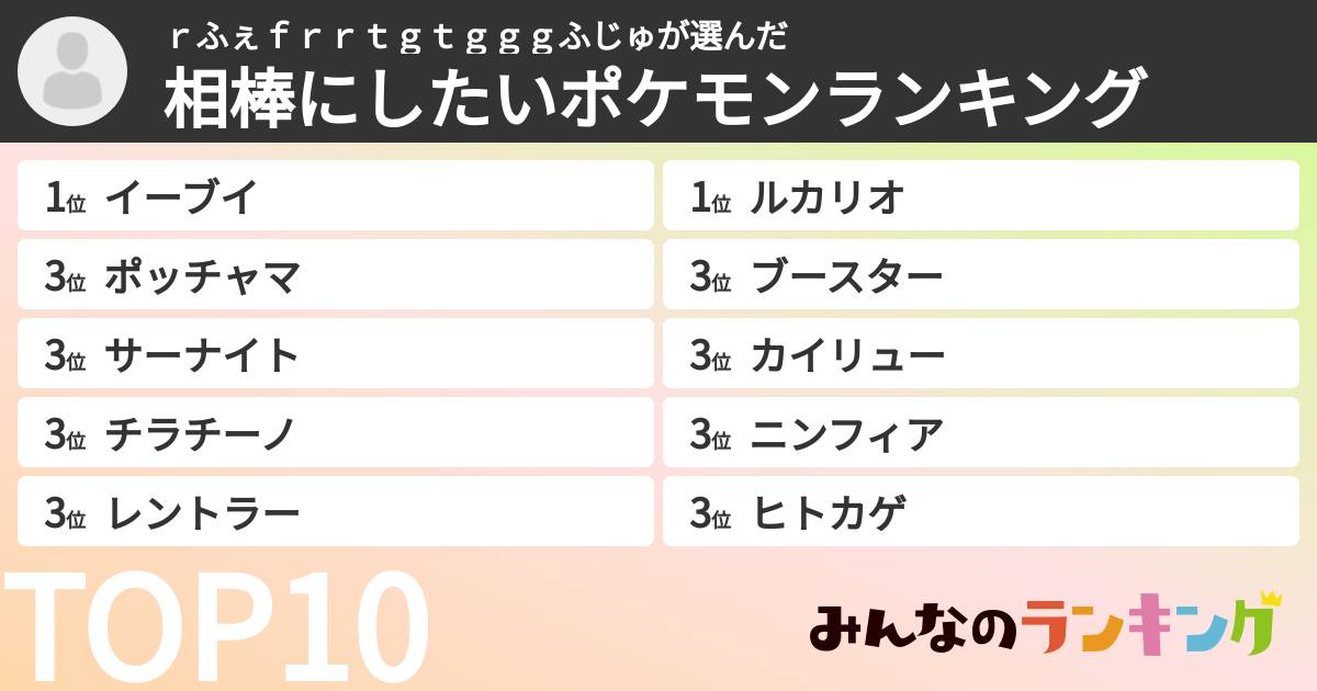 ｒふぇｆｒｒｔｇｔｇｇｇふじゅさんの「相棒にしたいポケモンランキング」