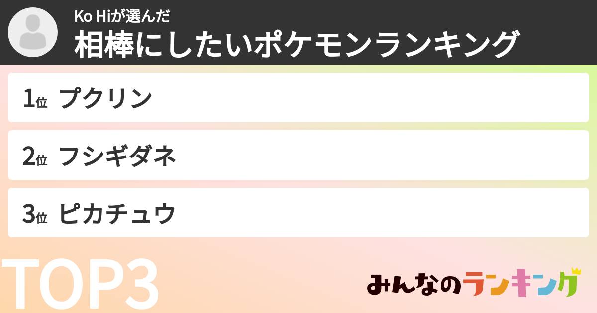 Ko Hiさんの「相棒にしたいポケモンランキング」