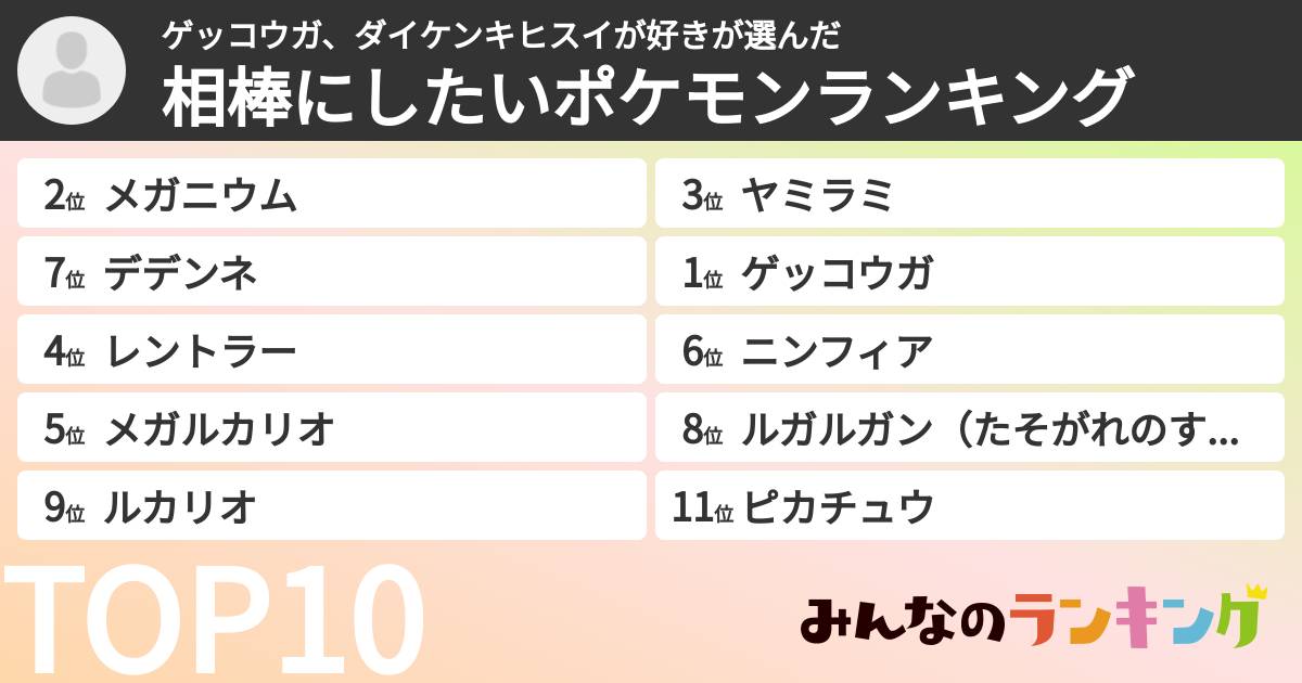 ゲッコウガ、ダイケンキヒスイが好きさんの「相棒にしたいポケモンランキング」