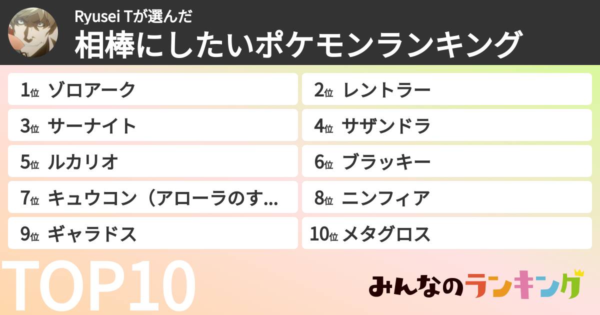 Ryusei Tさんの「相棒にしたいポケモンランキング」