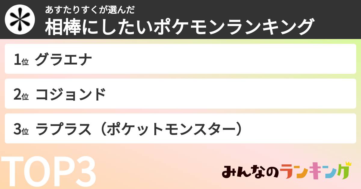 あすたりすくさんの「相棒にしたいポケモンランキング」