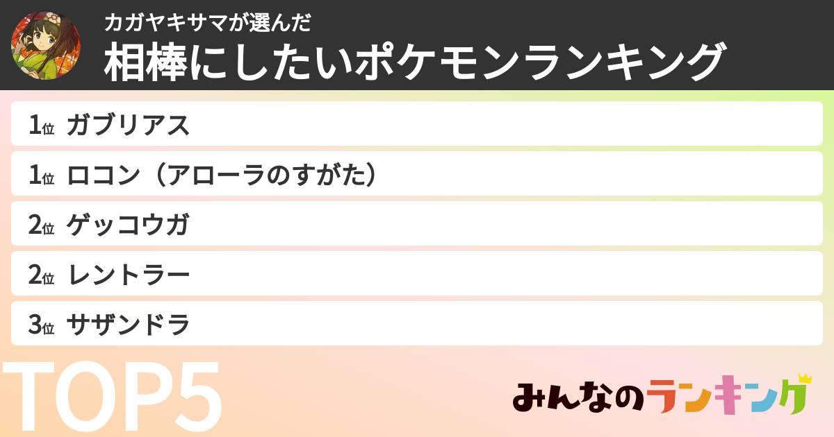 カガヤキサマさんの「相棒にしたいポケモンランキング」