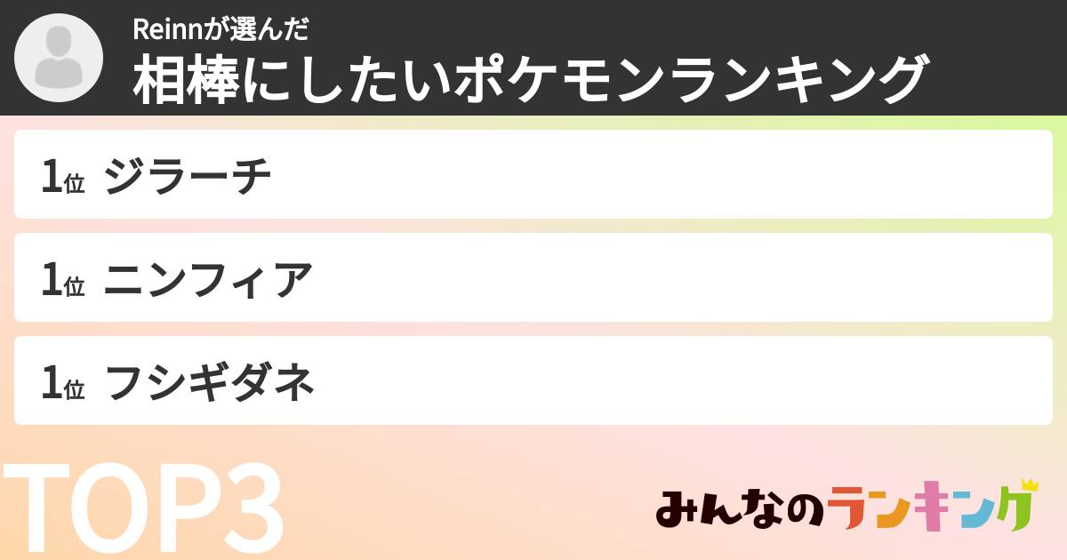 Reinnさんの「相棒にしたいポケモンランキング」