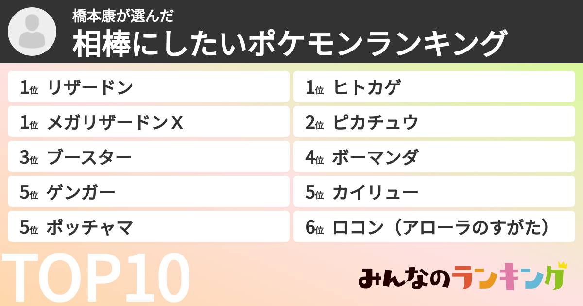 橋本康さんの「相棒にしたいポケモンランキング」