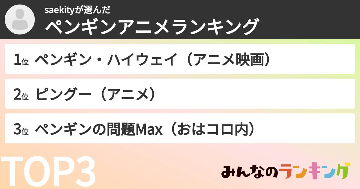 saekityさんの「ペンギンアニメランキング」