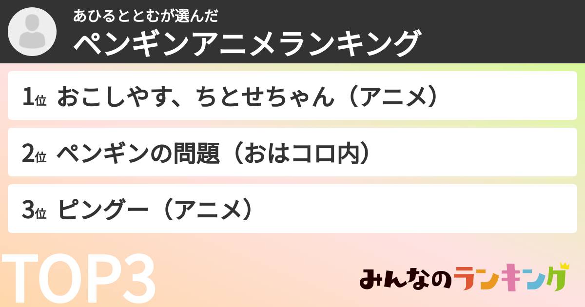 あひるととむさんの「ペンギンアニメランキング」
