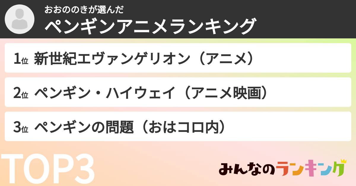 おおののきさんの「ペンギンアニメランキング」