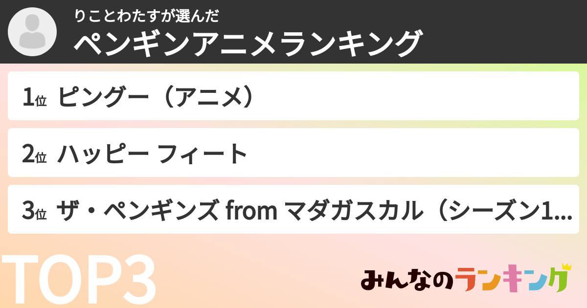 りことわたすさんの「ペンギンアニメランキング」