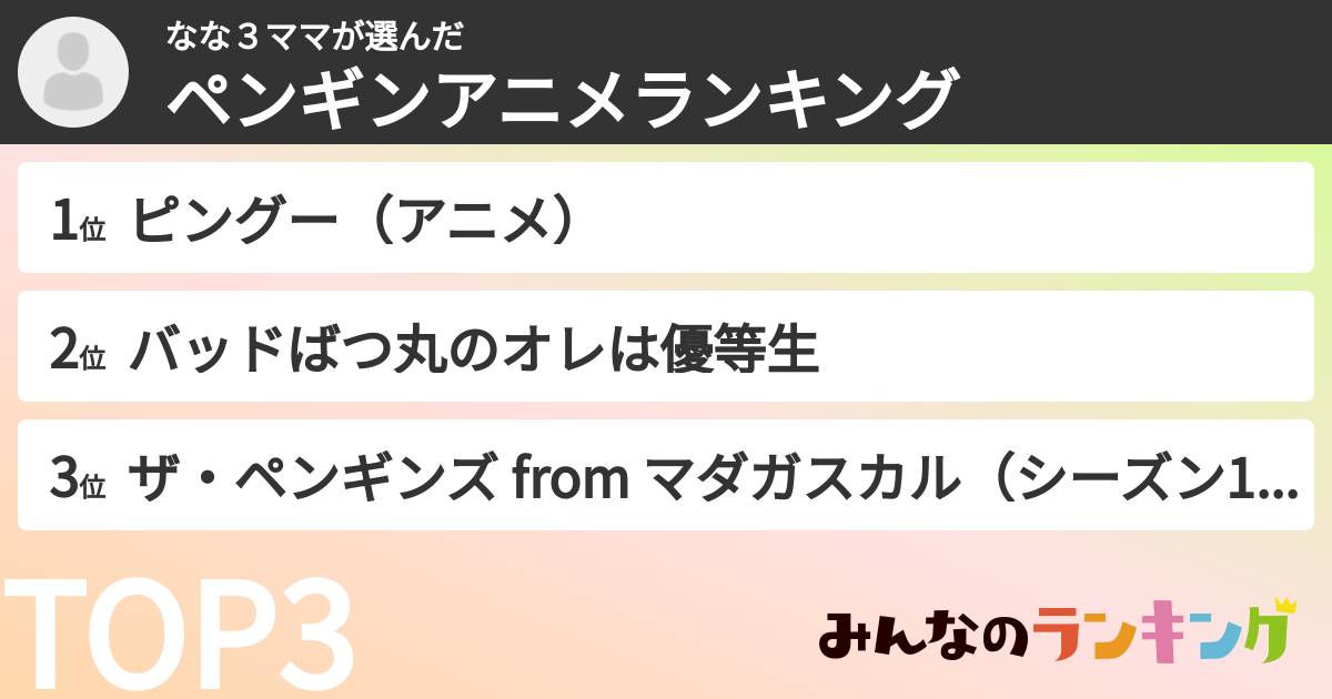 なな３ママさんの「ペンギンアニメランキング」