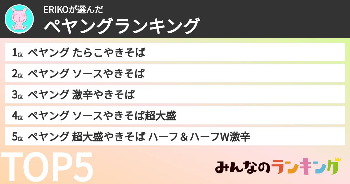 ERIKOさんの「ペヤングランキング」