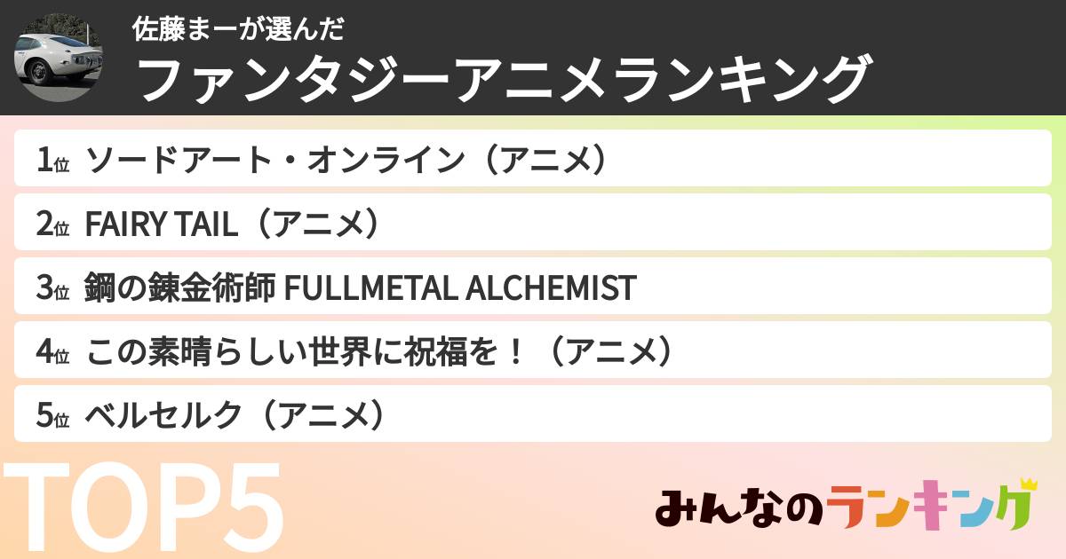 佐藤まーさんの「ファンタジーアニメランキング」