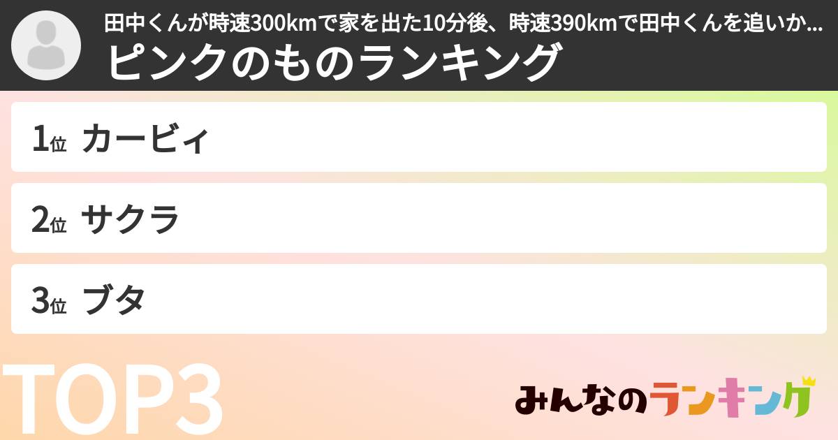 田中くんが時速300kmで家を出た10分後、時速390kmで田中くんを追いかける点Pさんの「ピンクのものランキング」