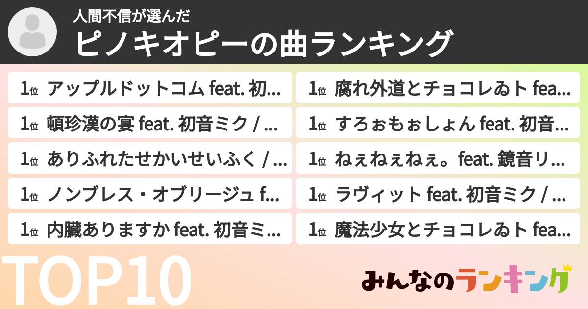 人間不信さんの「ピノキオピーの曲ランキング」