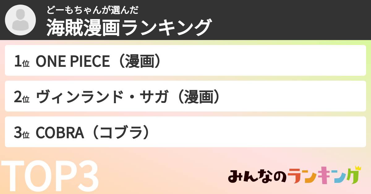 どーもちゃんさんの「海賊漫画ランキング」