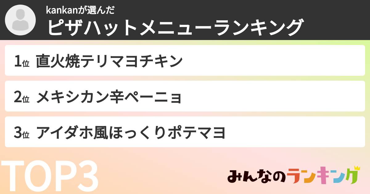 kankanさんの「ピザハットメニューランキング」