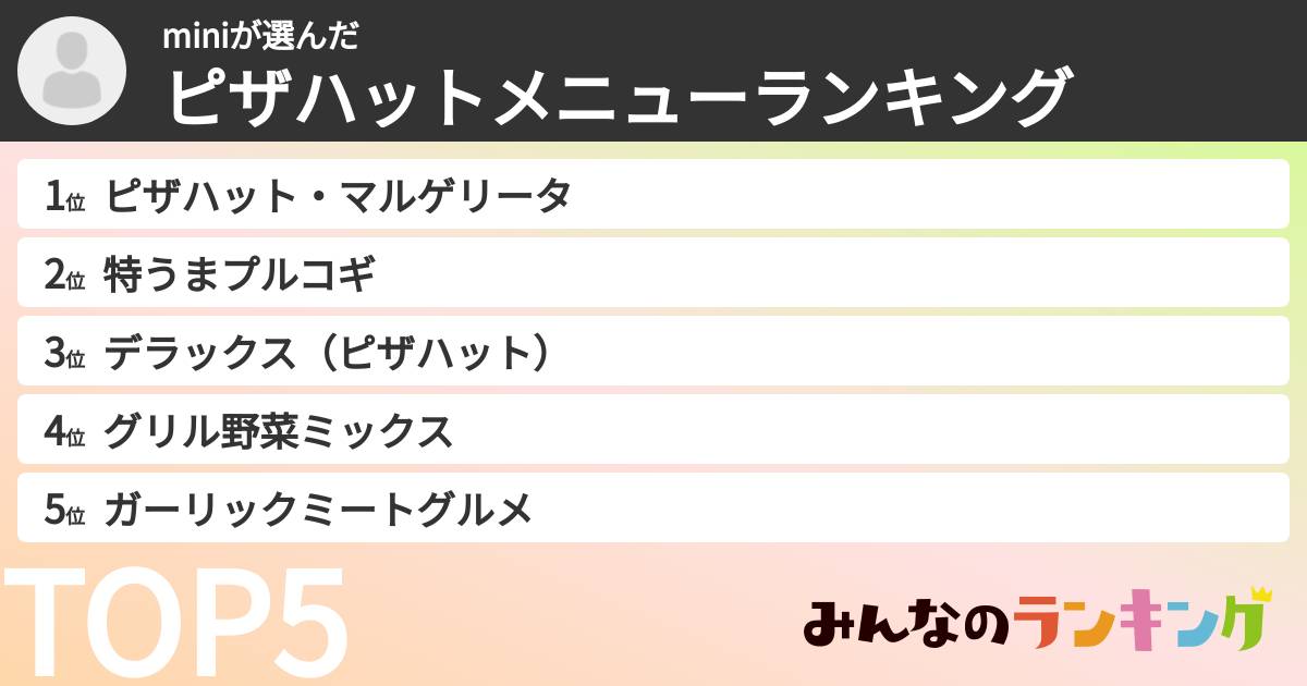 miniさんの「ピザハットメニューランキング」