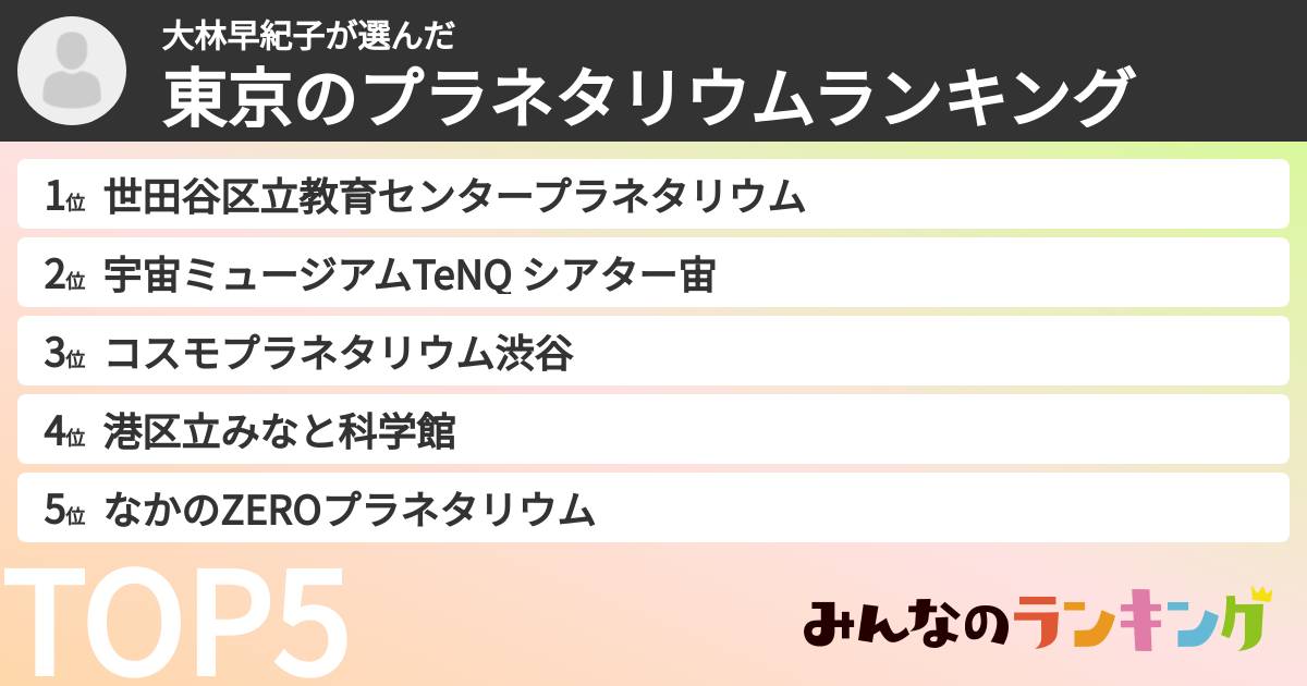 大林早紀子さんの「東京のプラネタリウムランキング」