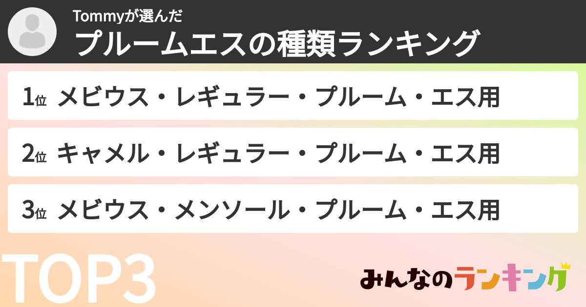 Tommyさんの「プルームエスの種類ランキング」