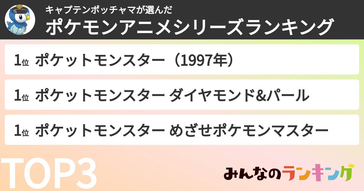 キャプテンポッチャマさんの「ポケモンアニメシリーズランキング」