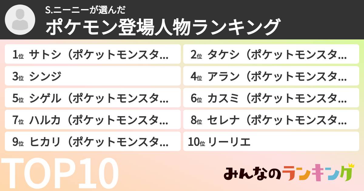 S.ニーニーさんの「ポケモン登場人物ランキング」