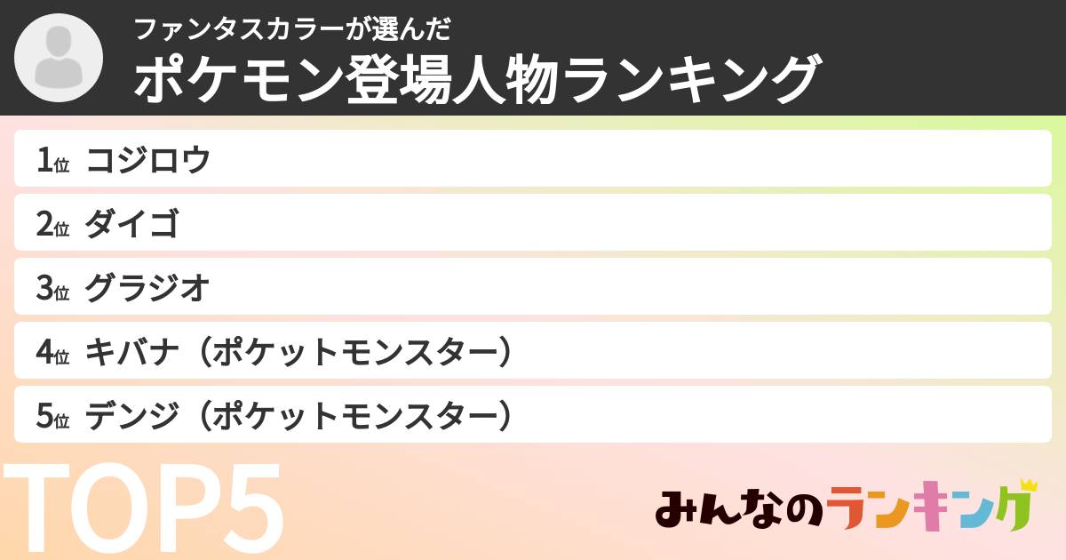 ファンタスカラーさんの「ポケモン登場人物ランキング」