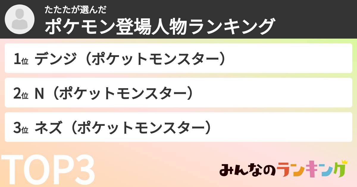 たたたさんの「ポケモン登場人物ランキング」