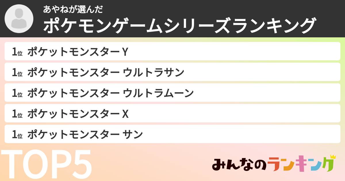 あやねさんの「ポケモンゲームシリーズランキング」