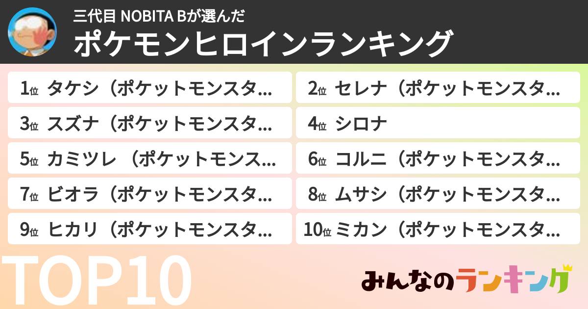 三代目 NOBITA Bさんの「ポケモンヒロインランキング」