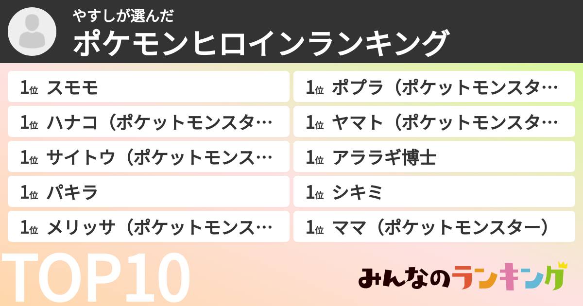 やすしさんの「ポケモンヒロインランキング」
