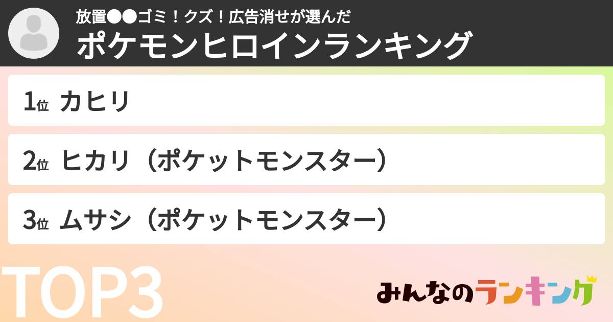 放置●●ゴミ！クズ！広告消せさんの「ポケモンヒロインランキング」