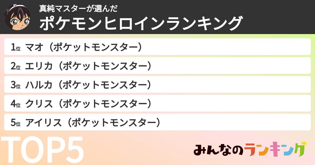 真純マスターさんの「ポケモンヒロインランキング」