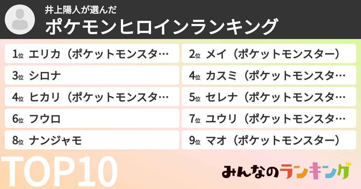 井上陽人さんの「ポケモンヒロインランキング」