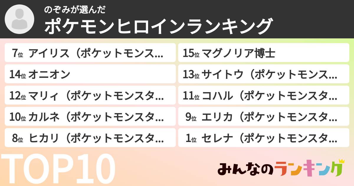 のぞみさんの「ポケモンヒロインランキング」