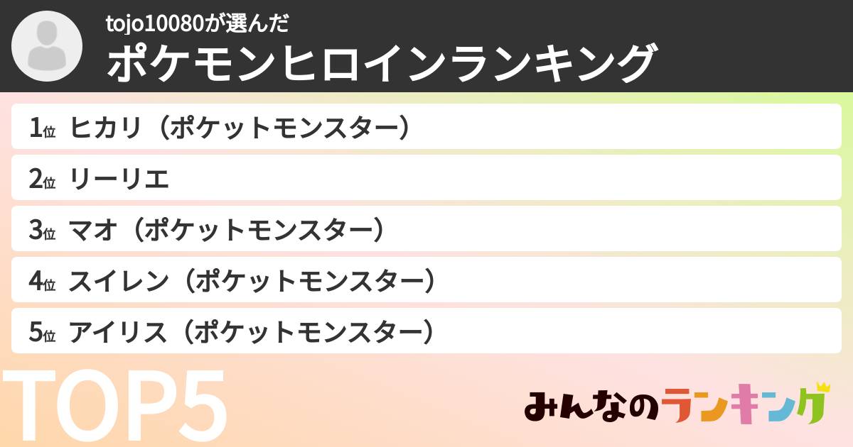 tojo10080さんの「ポケモンヒロインランキング」