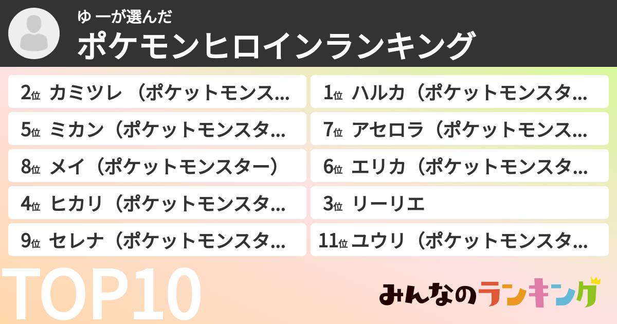 ゆ 一さんの「ポケモンヒロインランキング」