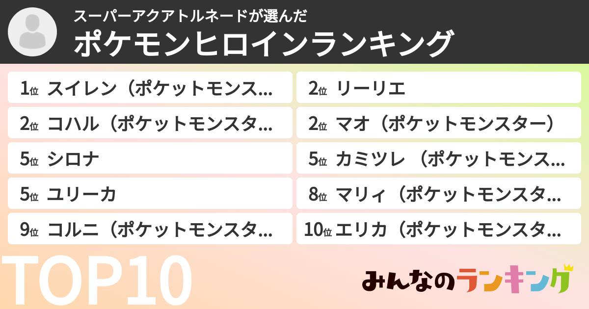 スーパーアクアトルネードさんの「ポケモンヒロインランキング」