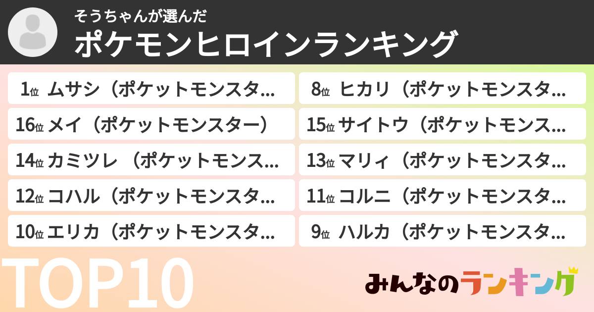 そうちゃんさんの「ポケモンヒロインランキング」